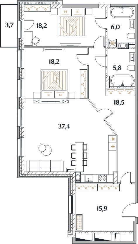 Планировка квартира, 2 спальни 120,3 м² в клубном доме «MANHATTAN» — Клубный дом MANHATTAN