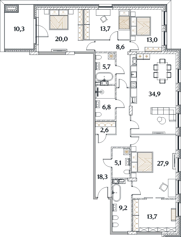 Планировка квартира, 4 спальни 190,6 м² в клубном доме «MANHATTAN» — Клубный дом MANHATTAN